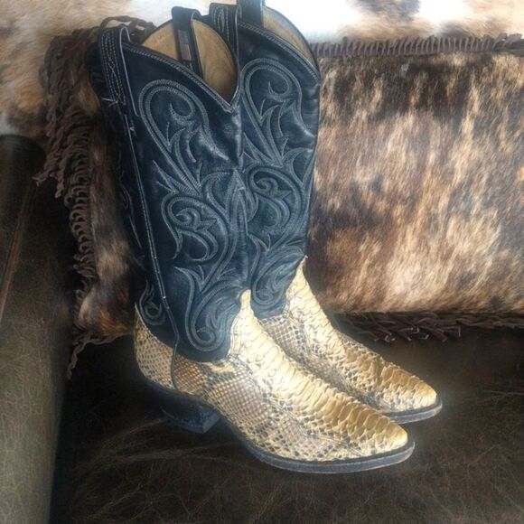 Dan Post Vintage Western Python and Black Leather Stitched Cowgirl Boots Size 6 - Picture 2 of 15